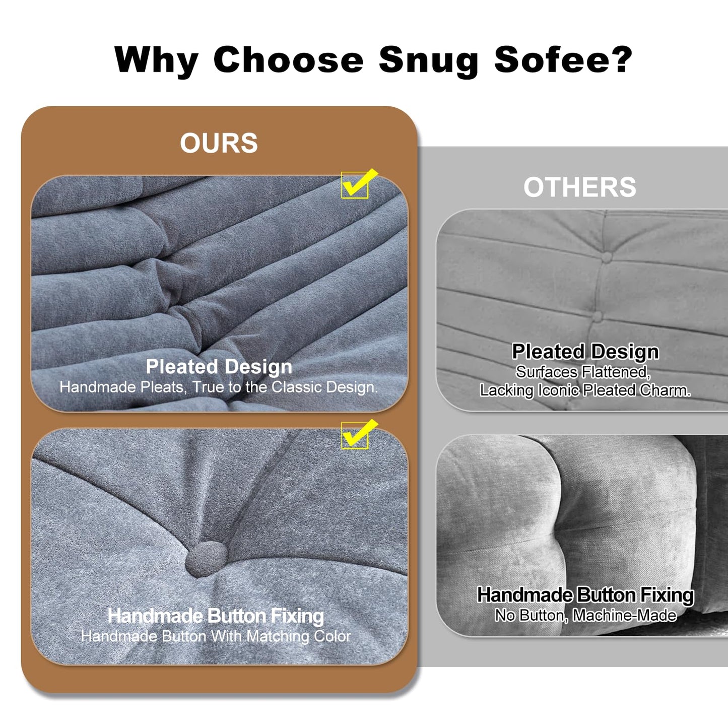 Snug Sofee Bean Bag Chairs for Adults, Bean Bag Sofa - Adult Size with Soft Waterproof Fabric for Living Room, Apartments, Reading Corner, Gaming, and Movie Venue (Gray)
