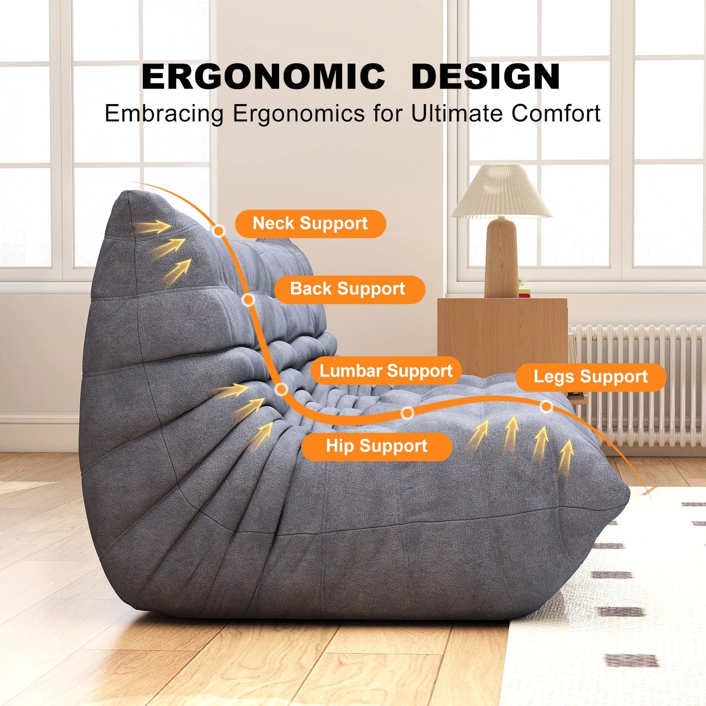 Snug Sofee Bean Bag Chairs for Adults, Bean Bag Sofa - Adult Size with Soft Waterproof Fabric for Living Room, Apartments, Reading Corner, Gaming, and Movie Venue (Gray)