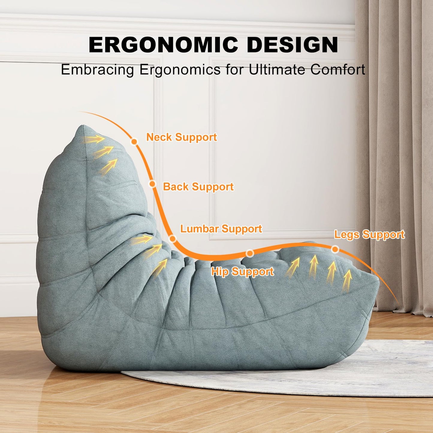 Snug Sofee Bean Bag Chairs for Adults, Bean Bag Sofa - Adult Size with Soft Waterproof Fabric for Living Room, Apartments, Reading Corner, Gaming, and Movie Venue (Gray)