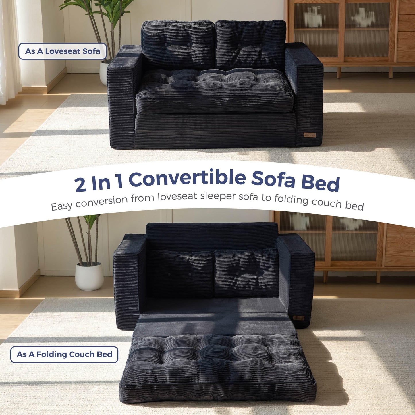 MAXYOYO Convertible Sofa Bed, Pull Out Loveseat Sleeper Sofa, 2 in 1 Folding Couch Bed