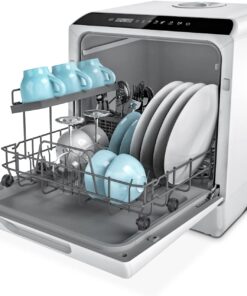 Hermitlux Countertop Dishwasher, 7 Washing Programs Portable Mini Dishwasher with 5-Liter Built-in Water Tank for Apartments & RVs, LED Light, Glass Door, No Hookup Needed
