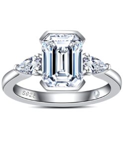 Emerald Cut Moissanite Engagement Ring 3.6cttw(3CT Center Stone) D Color VVS1 925 Sterling Silver 3 Stones Half Bezel Promise Wedding Rings for Women with Certificate