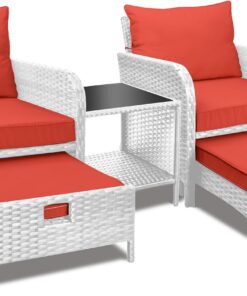 LEVELEVE Balcony Furniture 5 Piece Patio Conversation Set, PE Wicker Rattan Outdoor Lounge Chairs with Soft Cushions 2 Ottoman&Glass Table for Porch, Lawn-Brown Wicker