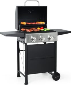 3 Burner BBQ Propane Gas Grill, Stainless Steel 30,000 BTU Patio Garden Barbecue Grill with Two Foldable Shelves