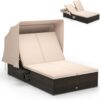 RELAX4LIFE Outdoor Daybed Retractable Canopy Wicker Double Chaise Lounge 6-Position Backrest
