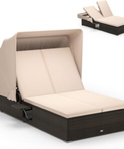 RELAX4LIFE Outdoor Daybed Retractable Canopy Wicker Double Chaise Lounge 6-Position Backrest
