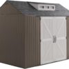 Rubbermaid Resin Outdoor Storage Shed With Floor (7 x 7 Ft) Weather Resistant Gray Organization for Home/Backyard/Garden Tools/Lawn Mower/Bike Storage/Pool Supplies