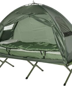 Outsunny Camping Tent Cot, 4-in-1 Folding Tent Cot Combo with Mattress, Pillow, Sleeping Bag, Roller Carrying Bag, Off Ground Travel Camp Cot for Hiking, Backpacking, Picnic