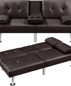 Yaheetech Convertible Sofa Bed Adjustable Couch Sleeper Modern Faux Leather Home Recliner Reversible Loveseat Folding Daybed Guest Bed, Removable Armrests, Cup Holders, 3 Angles, 772lb Capacity, Brown