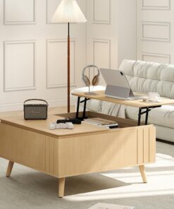 Round Coffee Table with Storage Fluted Center Table with Sliding Cabinet Door for Living Room