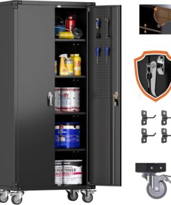 Aobabo Upgraded Garage Storage Cabinets with Wheels,Metal Storage Cabinets with 5 Adjustable Shelves for Garage Home Office Storage, Black,71''H*34''W*18''D,Assembly Required