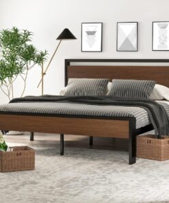 SHA CERLIN 14 Inch Queen Size Metal Platform Bed Frame with Wooden Headboard and Footboard