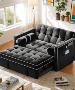Pipishell 3 in 1 Convertible Sleeper Sofa Bed,Pull Out Couch for Living Room with USB Ports & Side Pockets,Adjustable Backrest,Velvet,Loveseat Sofa Bed,Futon Couches,Black