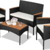 Shintenchi 4-Piece Patio Furniture Set, Outdoor Wicker Patio Conversation Furniture Set with Cushions and Wooden Tabletop