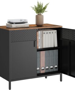 SONGMICS Storage Cabinet, Metal Cabinet, Sideboard with 2 Doors, 15.7 x 31.5 x 29.9 Inches, Magnetic Closure, Adjustable Shelf, Steel Frame, Rustic Brown and Black ULSC102B01