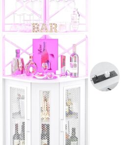 Aheaplus Corner Bar Cabinet with Power Outlet, Industrial Wine Cabinet with LED Strip and Glass Holder, 5-Tiers Liquor Cabinet Bar Unit for Home, Corner Display Cabinet for Small Space, White Oak