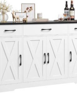 Alternative view of HOSTACK Buffet Cabinet with Drawers, 55" Large Sideboard Buffet Storage Cabinet with Shelves and Doors, Modern Farmhouse Coffee Bar Station Wood Kitchen Table for Kitchen, Dining Room, White/Rustic