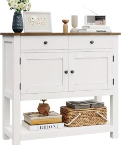 HOSTACK Farmhouse Console Table with 2-Door Cabinet & 2 Drawers, Coffee Bar, Entryway Table with Storage Shelf, Sofa Tables Buffet Sideboard for Kitchen, Hallway, Dining, Living Room, Rustic Brown