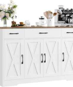 HOSTACK Buffet Cabinet with Drawers, 55" Large Sideboard Buffet Storage Cabinet with Shelves and Doors, Modern Farmhouse Coffee Bar Station Wood Kitchen Table for Kitchen, Dining Room, White/Rustic