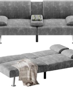 Flamaker Futon Sofa Bed Modern Folding Futon Set Convertible Recliner Lounge for Living Room with 2 Cup Holders, Removable Armrests (PU Leather, Black)