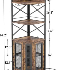 Alternative view of Aheaplus Corner Bar Cabinet with Power Outlet, Industrial Wine Cabinet with LED Strip and Glass Holder, 5-Tiers Liquor Cabinet Bar Unit for Home, Corner Display Cabinet for Small Space, White Oak