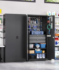 Alternative view of Yizosh Metal Garage Storage Cabinet with Locking Doors and 2 Drawers, Heavy Duty Steel Tool Cabinet with Pegboard, 71" - Lockable Cabinets for Garage, Warehouse, Basement (Black)