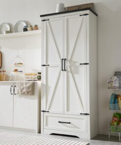Alternative view of JXQTLINGMU Farmhouse Kitchen Pantry Cabinet - 72" Tall Wood Kitchen Storage Cabinets with Adjustable Shelves & 2 Barn Style Doors & Drawer, Versatile Storage for Dining Room, Bathroom, Antique White