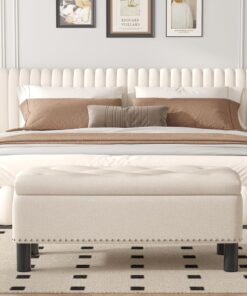 Furniliving Modern Storage Ottoman Bench, Sherpa Ottoman End of Bed Bench with Solid Wood Legs Upholstered Ottoman Benches with Storage Indoor Bench for Living Room with Rolled Arm, Entryway, White