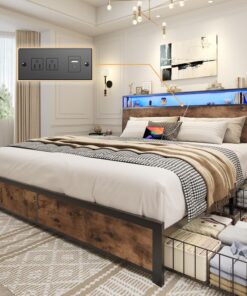 Lifezone Queen Bed Frame with 2-Tier Storage Headboard, Metal Platform Bed Frame with 4 Storage Drawers, Built in Charging Station & LED, Noise-Free/Metal Support/No Box Spring Needed