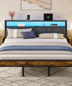 Queen Size Bed Frame with 2-Tier Storage Shelves Headboard Platform Bed Charging Station