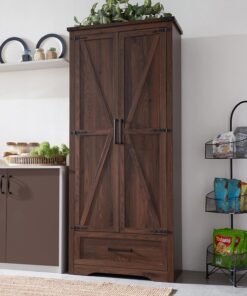 JXQTLINGMU Farmhouse Kitchen Pantry Cabinet - 72" Tall Wood Kitchen Storage Cabinets with Adjustable Shelves & 2 Barn Style Doors & Drawer, Versatile Storage for Dining Room, Bathroom, Antique White