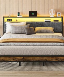 OLEVS Single Bed Frame LED Light Storage Headboard Charging Station Metal Platform Bed