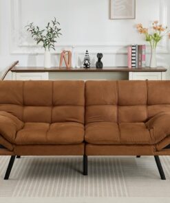Amazon Basics Brown Loveseat,Convertible Couch Memory Foam Futon Sofa Bed Modern Sleeper Sofa for Small Compact Living Room,Office,Apartment, Linen Fabric