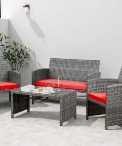 Shintenchi 4 Piece Patio Ratten Set Outdoor Furniture Set Wicker Conversation Set with Cushions and Tempered Glass Tabletop,Beige