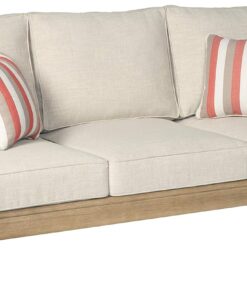 Signature Design by Ashley Clare View Coastal Outdoor Patio Eucalyptus Sofa with Cushions, Beige