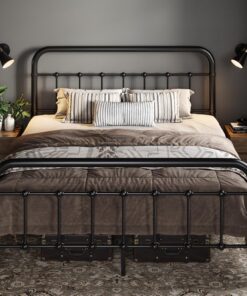 Allewie Queen Size Metal Platform Bed Frame with Victorian Style Wrought Iron-Art Headboard