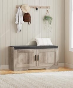 Alternative view of 2-Tier Storage Bench, Shoe Bench with Thickened Padded Seat Cushion, Entryway Bench with 4 Doors, Adjustable Shelf, 13.8" D x 45.3" W x 18.5" H, for Entryway, Living Room, Bedroom, White