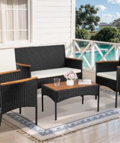 Alternative view of Shintenchi 4-Piece Patio Furniture Set, Outdoor Wicker Patio Conversation Furniture Set with Cushions and Wooden Tabletop