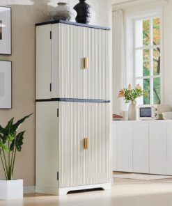 Fluted Pantry Cabinet, 72" Tall Modern Storage Cabinet with 4 Doors, Organizer, Drawer and Adjustable Shelves, Wood Cupboard for Kitchen, Dining Room, Living Room and Bathroom, Natural Oak