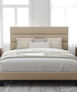 Allewie Queen Size Platform Bed Frame Fabric Upholstered Headboard Wooden Slats Support
