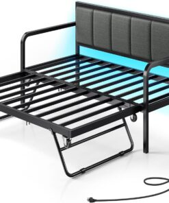 Rolanstar Daybed with Charging Station and LED Lights, Height Adjustable Twin Daybed with Trundle, Metal Sofa Bed Frame with Steel Slat Support