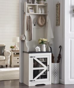 JXQTLINGMU 59" Farmhouse Hall Tree with Shoe Storage, Entryway Bench with 20 Cubbies, 12 Hooks & Sliding Barn Doors, Mudroom Coat Rack Cabinet, Off White