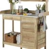 Yaheetech Outdoor Garden Potting Bench Table Work Bench Metal Tabletop W/Cabinet Drawer Open Shelf Natural Wood
