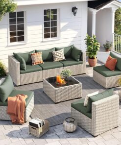 UDPATIO Outdoor Patio Furniture Set, 7-Piece PE Wicker Sectional Sofa with Tea Table, Outdoor Conversation Set for Patio, Garden, Backyard Green