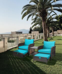 Alternative view of LEVELEVE Balcony Furniture 5 Piece Patio Conversation Set, PE Wicker Rattan Outdoor Lounge Chairs with Soft Cushions 2 Ottoman&Glass Table for Porch, Lawn-Brown Wicker