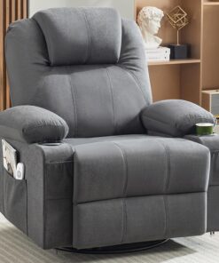 Oversized Swivel Rocker Recliner Chair with Heat and Massage, 360 Degree Swivel Rocking Single Sofa with Cup Holders and USB Port, Large Big Recliner Chair for Living Room (Leather, Brown)