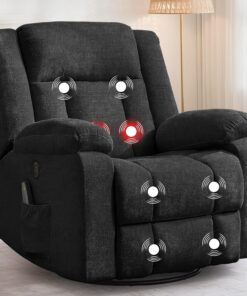 Rocker Recliner, Glider Recliner Chairs for Adults, 360° Swivel Rocking Chair with Massage and Heating, Nursery Chair with Storage and USB Charging for Living Room, Bedroom, Nursery