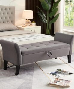 Alternative view of Furniliving Modern Storage Ottoman Bench, Sherpa Ottoman End of Bed Bench with Solid Wood Legs Upholstered Ottoman Benches with Storage Indoor Bench for Living Room with Rolled Arm, Entryway, White