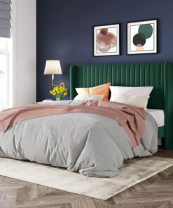Allewie Full Size Velvet Bed Frame Vertical Channel Tufted Wingback Headboard Upholstered Bed