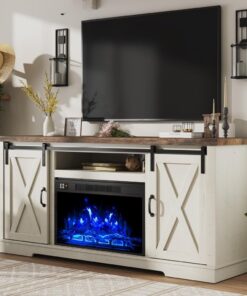 Alternative view of AMERLIFE Fireplace TV Stand with Sliding Barn Door for TVs up to 73", Farmhouse 63" Fireplace Entertainment Center with Storage Cabinets/Adjustable Shelves